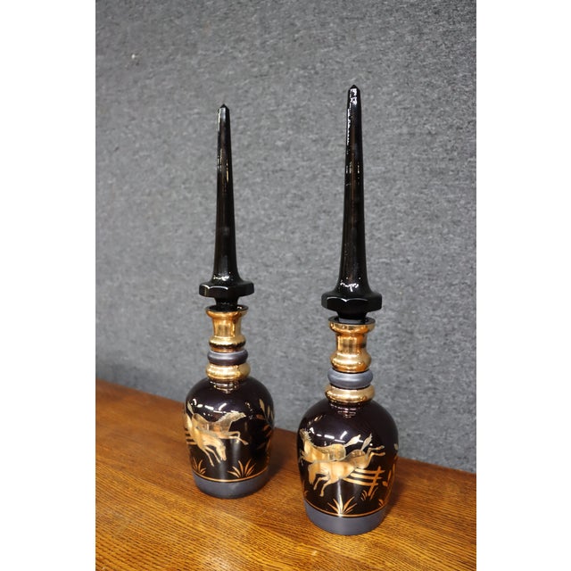 Early 20th Century Early 20th Century Royal Purple Art Glass Decanters With Gold Horse Overlay - Pair For Sale - Image 5 of 14