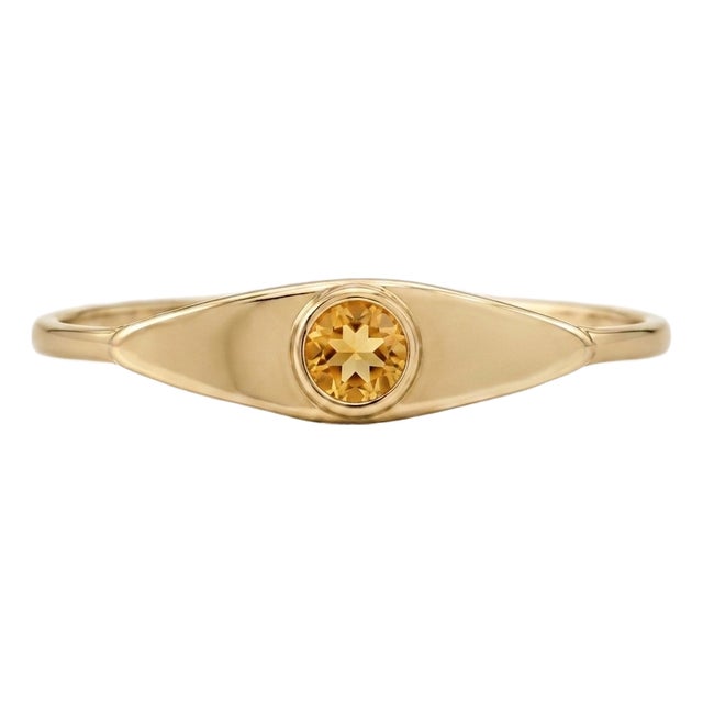 Golden Citrine Marquise Eye Ring | 18k Yellow Gold Plated Modern Signet Band | Minimalist Gemstone Ring Us 7 For Sale