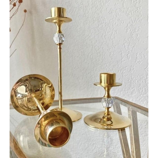 Late 20th-Century Hollywood Regency-Style Brass & Crystal Graduated Candlestick Trio, Hong Kong For Sale - Image 10 of 16