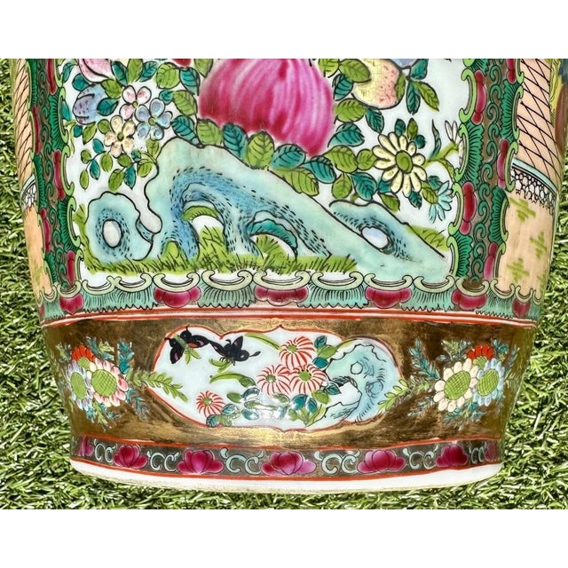 Pair of Large Antique Famille Rose Medallion Chinese Vases With Rosewood Stands For Sale - Image 11 of 18