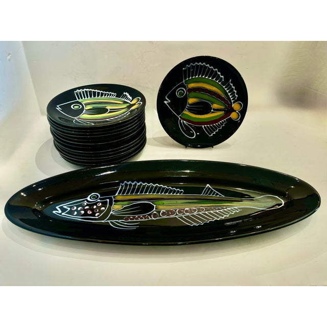 Mid-Century Modern French Robert Picault Black Glazed Ceramic Fish Vallauris Set 15 Pieces For Sale - Image 3 of 13