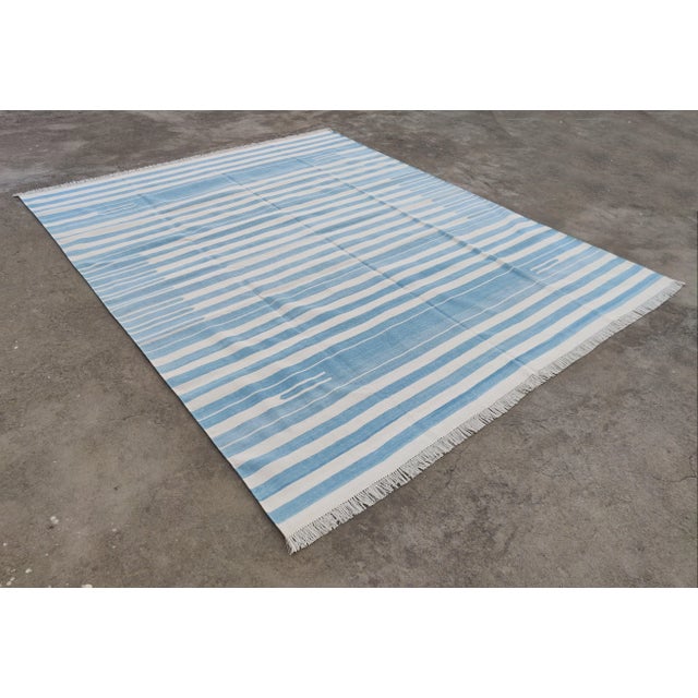 Sky Blue Handmade Reversible Cotton Vegetable Dyed Blue and White Striped Rug-6'x9' For Sale - Image 8 of 12