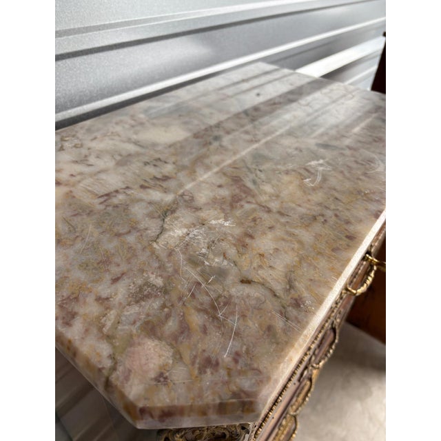 Pair of Antique French Louis XV-Style Marble Tall Cabinets With Inlaid Marquetry, A Pair For Sale - Image 4 of 12