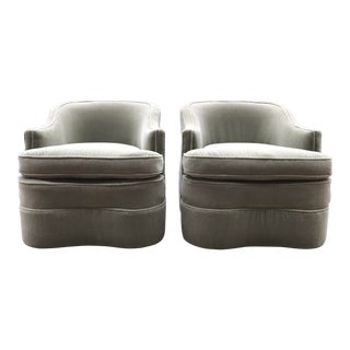 1940s Vintage Edward Wormley Dunbar Era Barrel Back Sage Green Mohair Chairs- a Pair For Sale