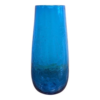 Blenko Persian Blue Crackle Glass Vase For Sale
