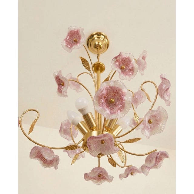 1970s Mid-Century Modern Pink Murano Glass Floral Petal Chandelier For Sale - Image 6 of 7