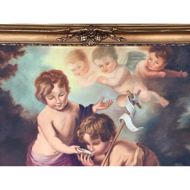 Early 20th Century Large Vintage European Religious Oil Painting – Saint John the Baptist, Lamb & Cherubs in Ornate Gilt Frame For Sale - Image 5 of 17