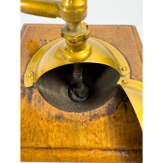 Antique French Peugeot Frères Wooden Coffee Grinder With Gold-Tone Hopper – Early 20th Century For Sale - Image 13 of 16
