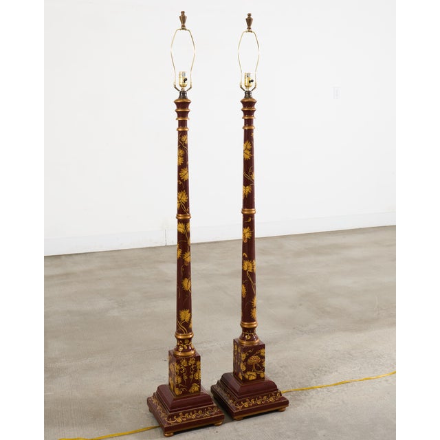 Late 20th Century Late 20th Century Lacquered Wood Chinoiserie Gilt Decorated Floor Lamps - a Pair For Sale - Image 5 of 18