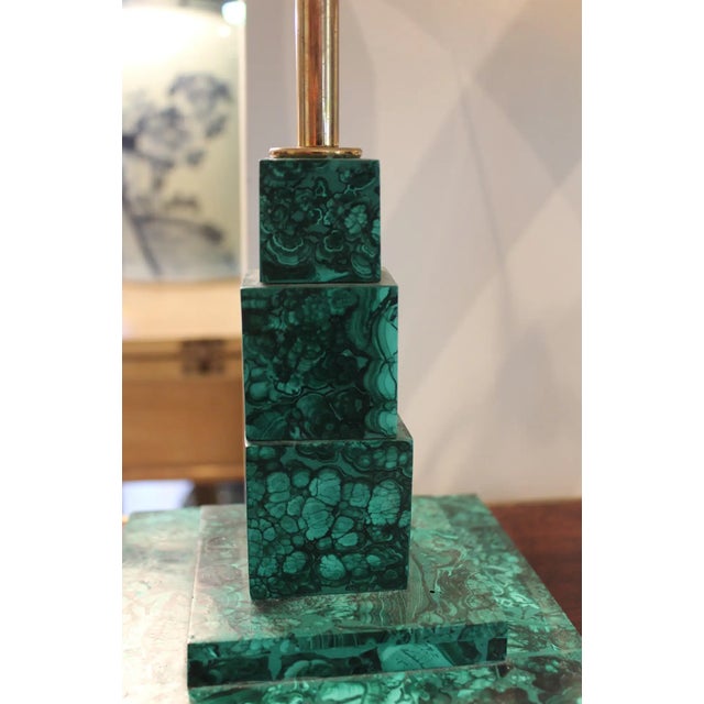1960s Pair of Square Malachite Table Lamps With Gold Shades For Sale In New York - Image 6 of 10