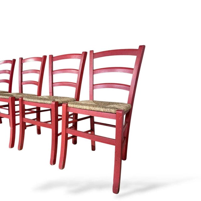 Italian Red Oak Ladder-Back Dining Chairs with Woven Rush Seats, Set of 4 For Sale - Image 6 of 9