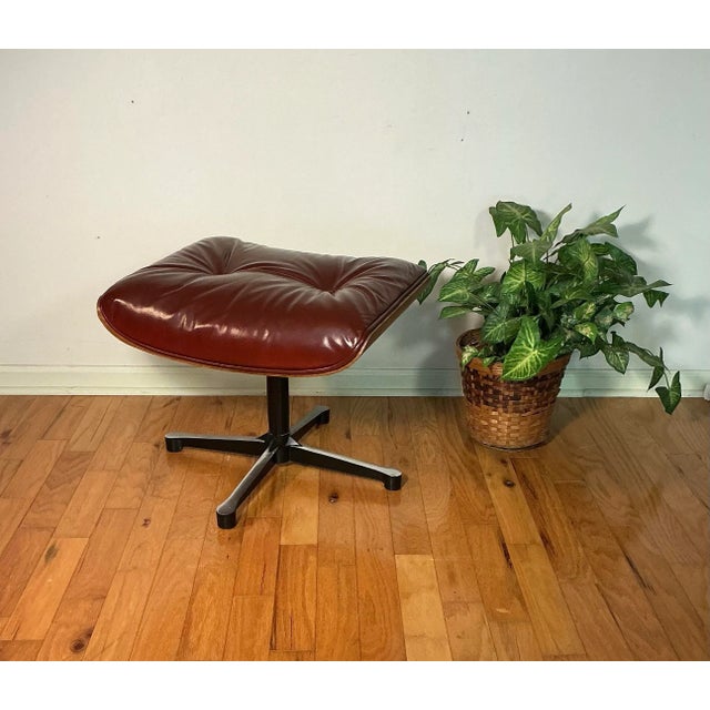 Vintage 70s Mid Century Modern Eames Style Ottoman/Footstool Burnt Sienna Tufted Leather For Sale - Image 10 of 12