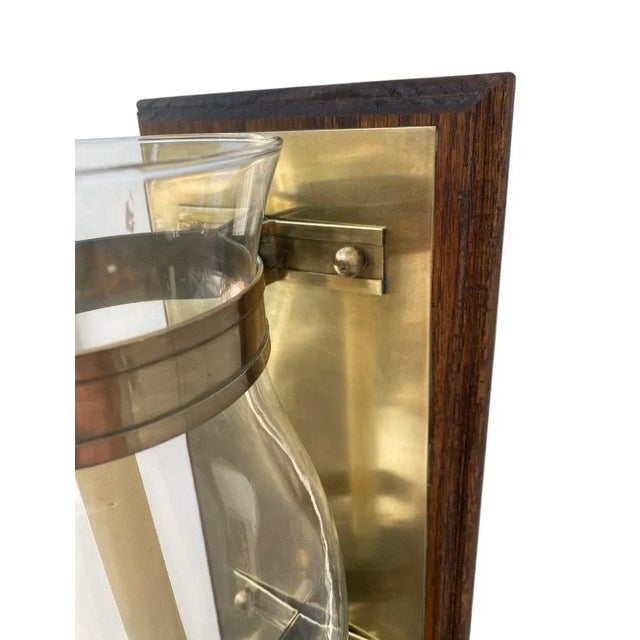 Mid-Century Modern Vintage Mid Century Brass Hurricane Candle Wall Sconce With Wooden Wall Mount With Brass Plate. For Sale - Image 3 of 3