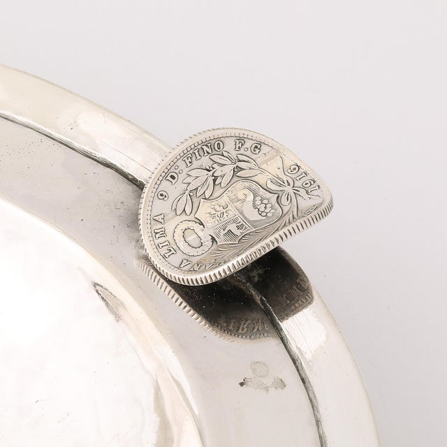 Art Deco Heavy Hand-Hammered .900 Sterling Silver Ashtray With Sculptural Coins For Sale - Image 4 of 12