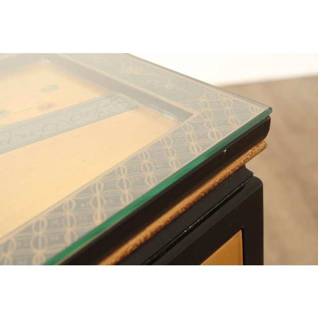 Wood Chinoiserie Decorated Black and Gold Lacquer Glass Top Console Cabinet For Sale - Image 7 of 12