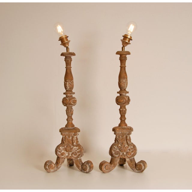 Sienna Vintage French Country Lamps Carved Wood a Pair For Sale - Image 8 of 12