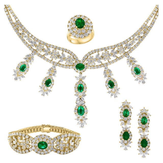 Metal Gia Cert Natural Zambian Emerald & 95 Ct Diamond 4 Piece Set 18 Kt Yellow Gold For Sale - Image 7 of 8