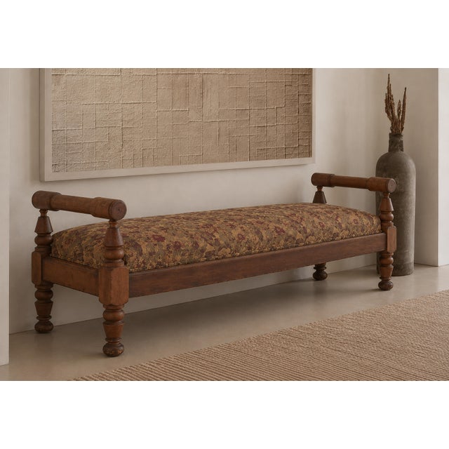 French Country Chhunky Antique French European Bench in Floral Tapestry For Sale - Image 3 of 10