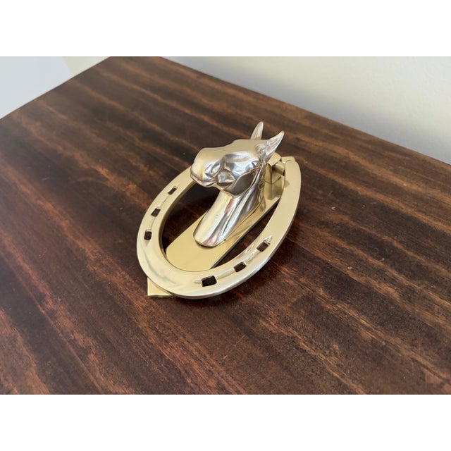 Farmhouse Vintage Equestrian Cast Brass Horse Head Horseshoe Door Knocker For Sale - Image 3 of 11