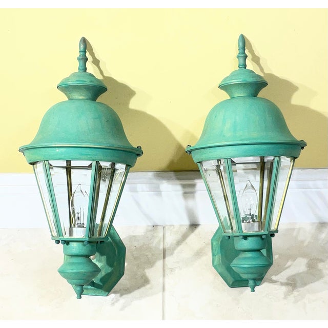 Metal Pair Vintage Solid Brass Verdigris Carriage Lanterns-Traditional Colonial Style For Sale - Image 7 of 16