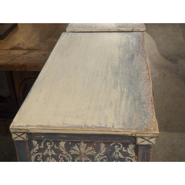 Pair of Hand Painted Blue and White Directoire Style Commodes For Sale - Image 4 of 18