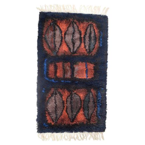 Warm Red, Black, and Blue Tones Hand-Knotted Rya Rug by Evy Viola Wiklund, 1967 For Sale - Image 6 of 6