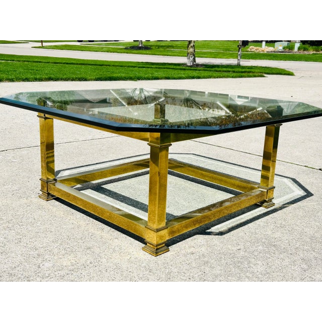 Mid-Century Modern Mastercraft Attributed Mid-Century Modern Brass & Beveled Glass Coffee Table | Vintage Hollywood Regency Cocktail Table | 1970s Luxury Statement Piece For Sale - Image 3 of 8
