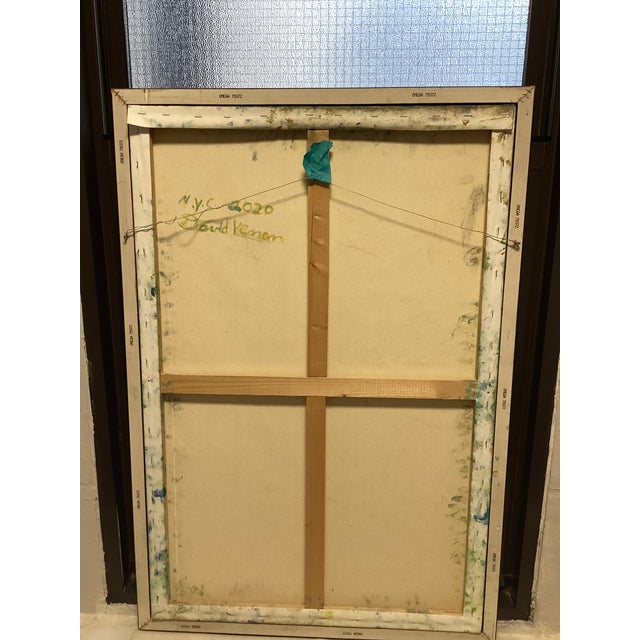 The piece bursts with saturated greens, yellows, oranges, blues, and whites, arranged in dynamic geometric forms and...