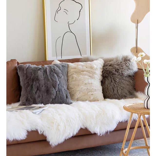 2020s Plush Faux Rabbit Fur Pillow, 18-Inch Square, Single For Sale - Image 5 of 6