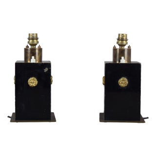 Black Lacquered Metal and Brass Table Lamps, 1940s, Set of 2 For Sale