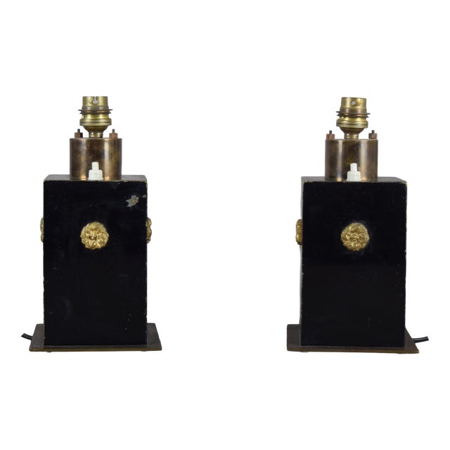 Black Lacquered Metal and Brass Table Lamps, 1940s, Set of 2 For Sale