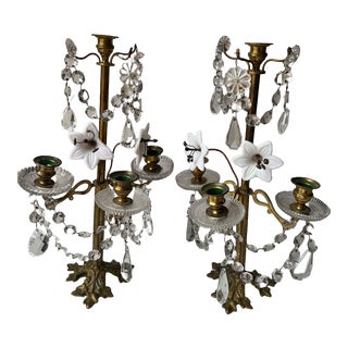 19th Century Pair of Victorian Style Glass Lily Flowers and 4 Light Candle Holders For Sale
