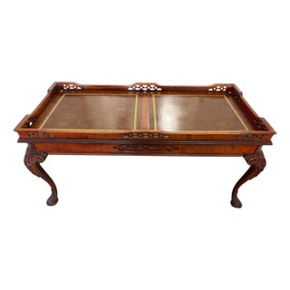 Early 20th Century Mahogany Chippendale Style Ornate Leather Inlay Coffee Table With Glass Top For Sale