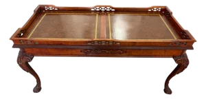 Early 20th Century Mahogany Chippendale Style Ornate Leather Inlay Coffee Table With Glass Top