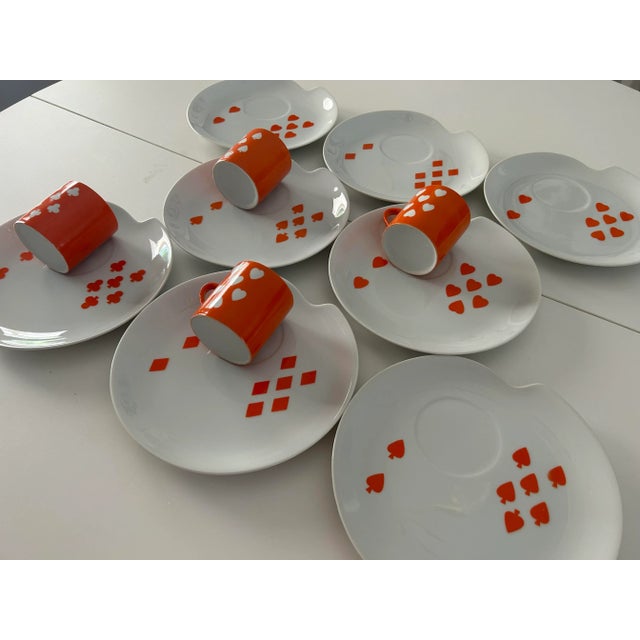 Mid-Century Modern Mid Century 1950s Orange & White “Playing Card” Snack Plates With Cups by Jonas Roberts- Set of 12 For Sale - Image 3 of 11
