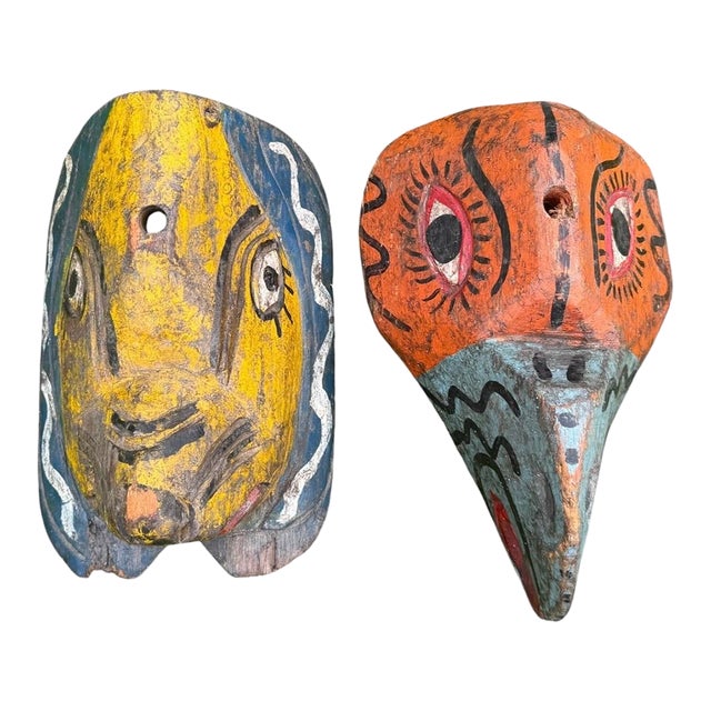 Vintage Hand-Carved Wooden Folk Art Masks, Pair For Sale