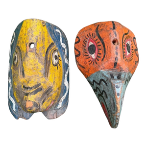 Vintage Hand-Carved Wooden Folk Art Masks, Pair