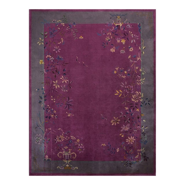 Authentic 1920s Chinese Art Deco Rug With Floral Motifs in Rich Jewel Tones 9x12 For Sale