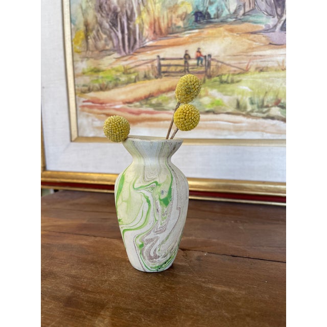 Mid-Century Modern Vintage Studio Pottery Bud Vase With Green and Brown Marbled Glaze For Sale - Image 3 of 9