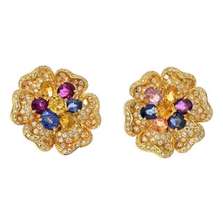 18K Yellow Gold Diamond & Multicolor Sapphire Flower Earrings by Designer Adler, A Pair For Sale