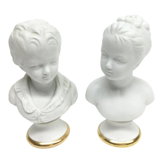 Vintage Mid-Century Modern Lefton Bisque Porcelain Victorian Boy & Girl Pair Bust Statue For Sale