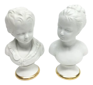 Vintage Mid-Century Modern Lefton Bisque Porcelain Victorian Boy & Girl Pair Bust Statue
