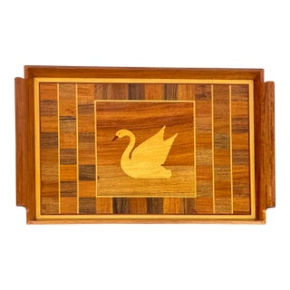Vintage BathaLawood Products Inlaid Wood (Teak?) Serving Tray – Handcrafted Marquetry With Swan Motif For Sale