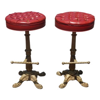 Pair Vintage Mid Century Modern Red Tufted Bar Stools Farmhouse Barstools For Sale