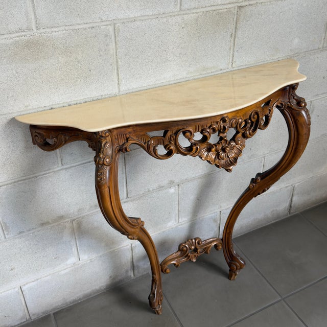 Mid 20th Century Vintage Louis XV Console Table with Mirror, Carved Wood and Marble Top, 1960s, Set of 2 For Sale - Image 5 of 16