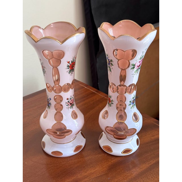 Pair of Antique Bohemian White & Pink Cased Art Glass Vases With Hand-Painted Floral Decoration For Sale - Image 9 of 12