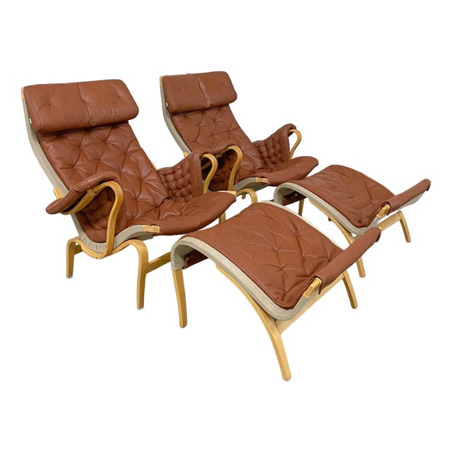 Pernilla 69 Lounge Chair with Ottoman by Bruno Mathsson for Dux, 1990s, Set of 4 For Sale