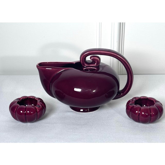 Art Deco Vintage Art Deco Robinson Ransbottom American Art Pottery Burgundy Ceramic Tea Pot Set For Sale - Image 3 of 12