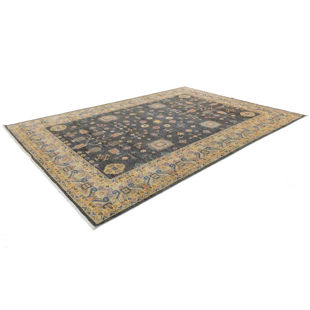 Modern Khotan Style Charcoal Grey & Gold Handmade Wool Rug 10x14 For Sale - Image 4 of 12