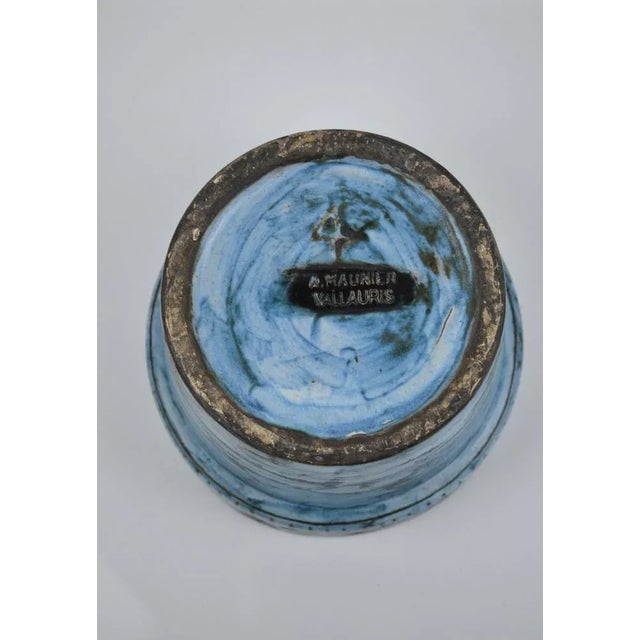 Ceramic vase by Alain Maunier, Vallauris, France, 60's Decor of geometric friezes, black and blue enamel Signed below This...